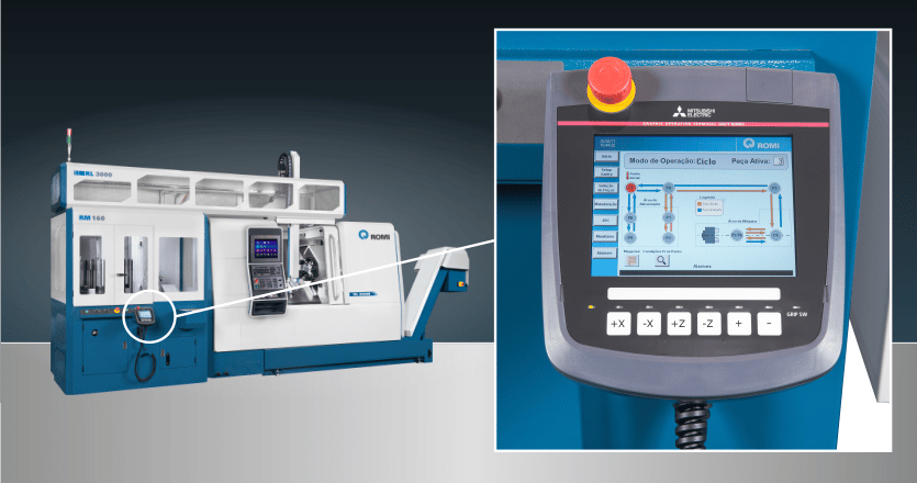 Sistema de Automação Gantry Loader ROMI painel de operação remoto